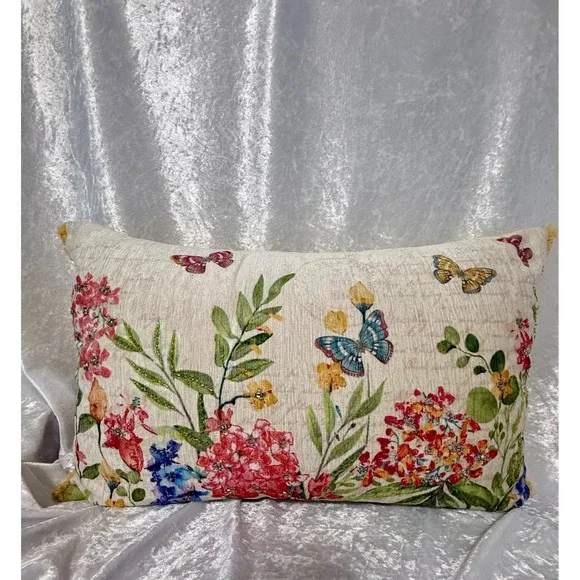 Primrose Vintage Floral Butterfly Beaded Fringed Throw Pillow Yellow Multicolor