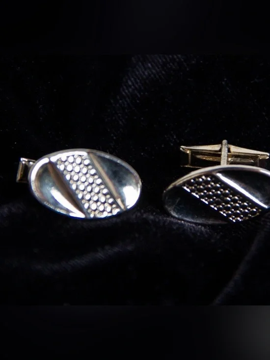 Silver Tone Oval Cufflinks Textured with Diagonal Stripes