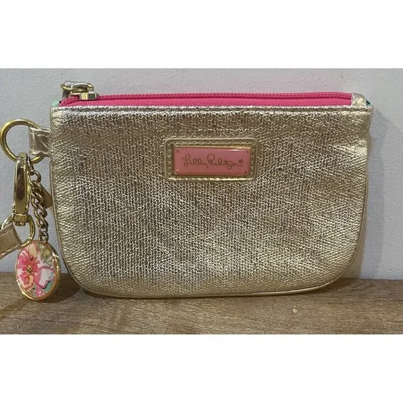 Lilly Pulitzer Gold Metallic Zip Coin Purse Wristlet Pink Lining Logo Charm