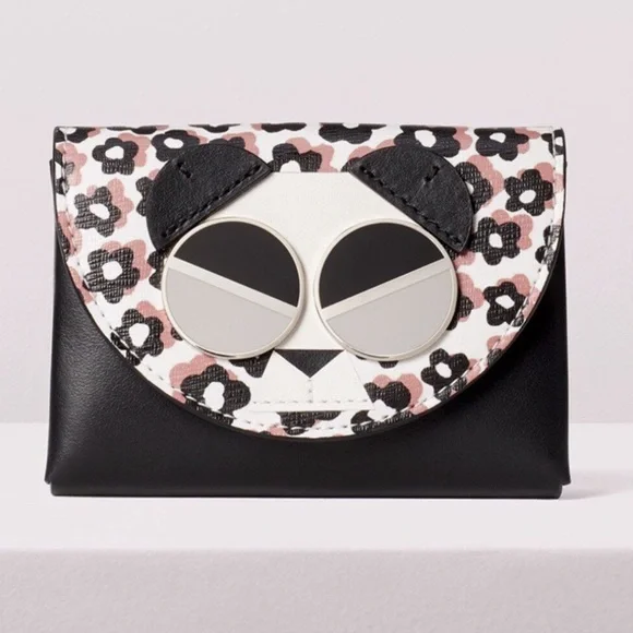 Kate Spade Spademals Gentle Panda Black Leather Cardholder Wallet Case Leather
