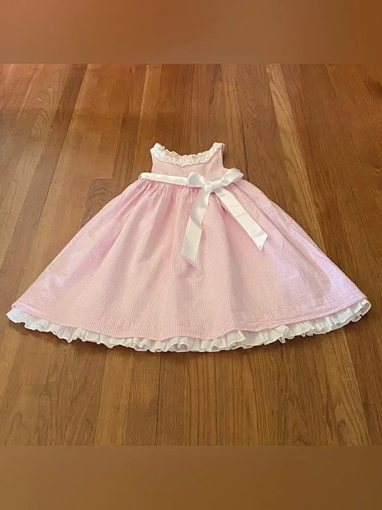 Ralph Lauren Pink and White Seersucker Bow Formal Dress