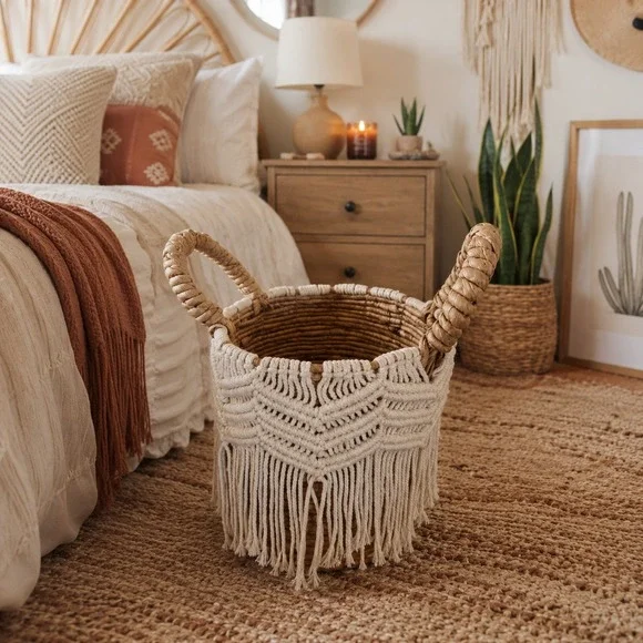 Woven Seagrass Banana Basket Macrame Fringe Boho‎ Handle Storage Decor Accent
