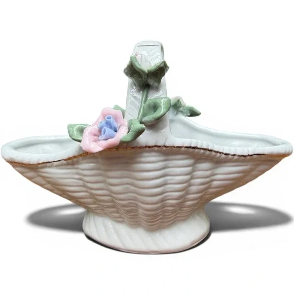 Vintage White Porcelain Basket w/ Applied Flowers | 1950s Ceramic Trinket Dish