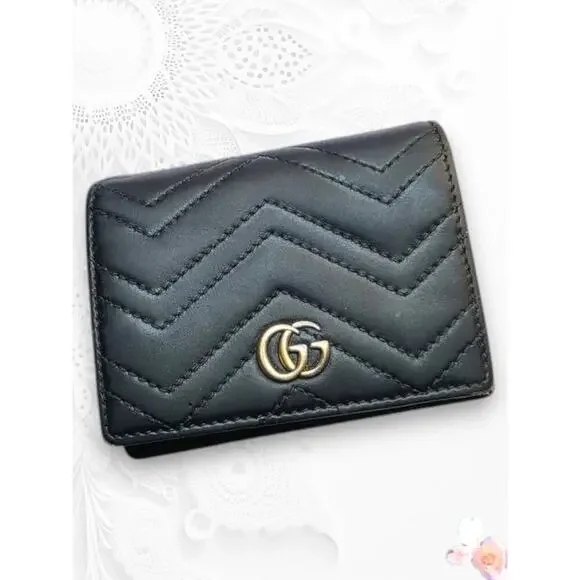 Gucci Marmont GG Matelassé Black Leather Snap Wallet Unisex Excellent 1A