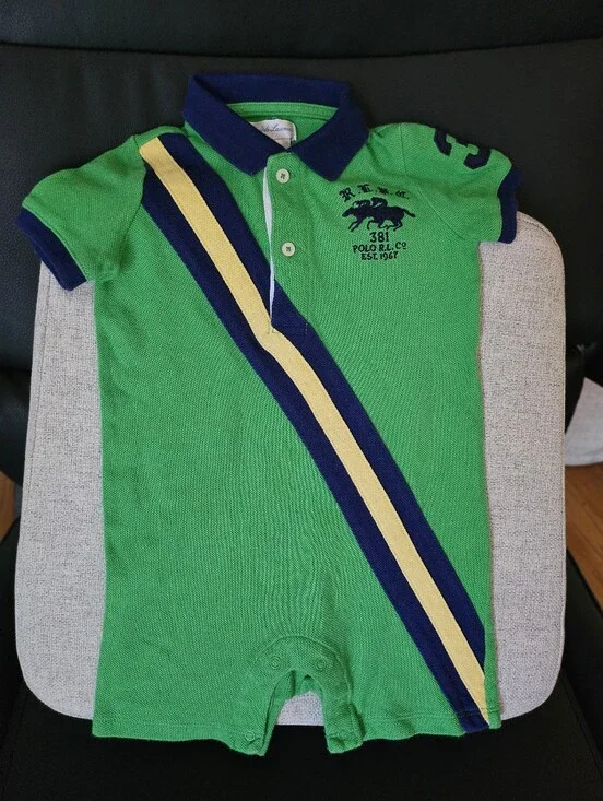 Ralph Lauren Green Baby Polo Romper with Navy Collar and Yellow Stripe