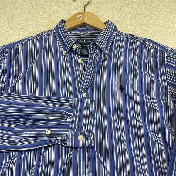 Ralph Lauren Button Down Boy XL Blue Striped Pony Logo Long Sleeve Shirt
