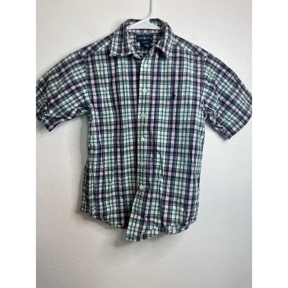 Ralph Lauren Kids Plaid Button Down Shirt Size S Green Pink Navy Short Sleeve