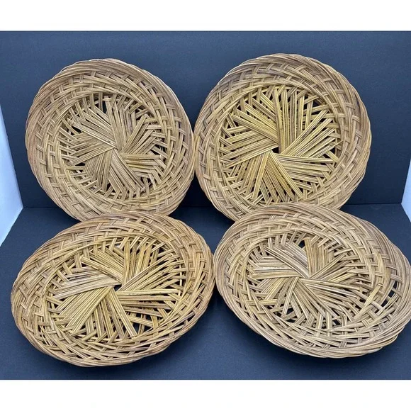Vtg (4) Woven‎ Rattan Trays Round Wicker Baskets Plate Holders Thick Heavy Duty