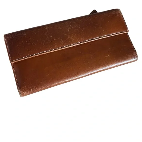 TUSK genuine leather brown wallet beautiful cherry red interior 7.5” x 3.5” used