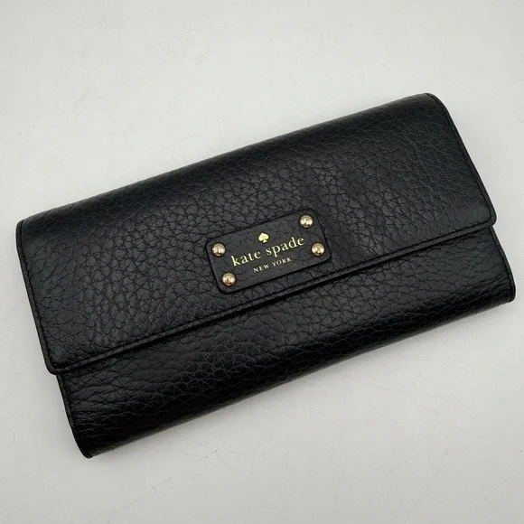 Kate Spade New York Black Pebbled Leather Flap Continental Long Wallet Gold Logo