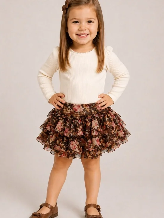 Ralph Lauren Girls’ Brown and Pink Flowy Floral Ruffle Tier Skirt Size 3T