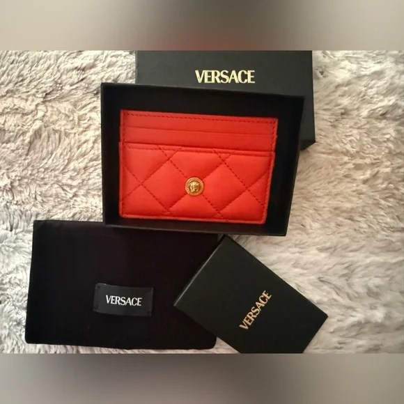 NIB Versace Medusa Head Quilted Orange Leather Cardholder