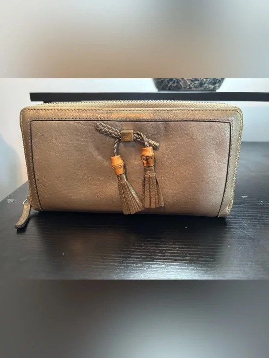 Authentic Gucci Bamboo Tassel Bow Metallic Zip-Around Wallet