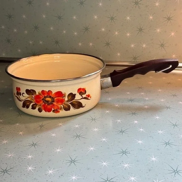 Vintage 1970s Moneta #18 Enamel Saucepan Pot Orange &‎ Brown Floral Boho Italy