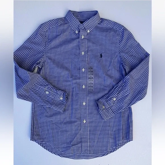 Ralph Lauren Boys Sz Large 14-16 Blue Gingham Button Down Long Sleeve Shirt NWT