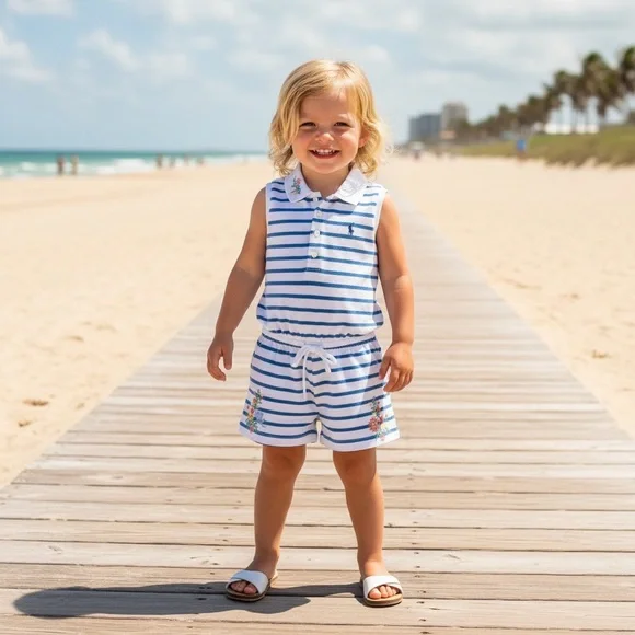 Ralph Lauren Blue and White Striped‎ Romper with Gathered Waist Resort Vacation