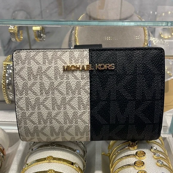 Michael Kors Jet Set Medium Two-Tone Logo Wallet BLACK COMBO NWT