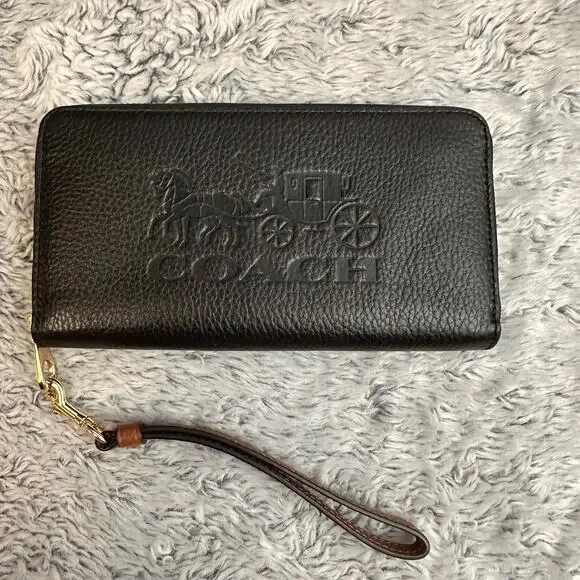 Coach Horse and Carriage Black Pebbeled Leather Long Zip Around Wallet