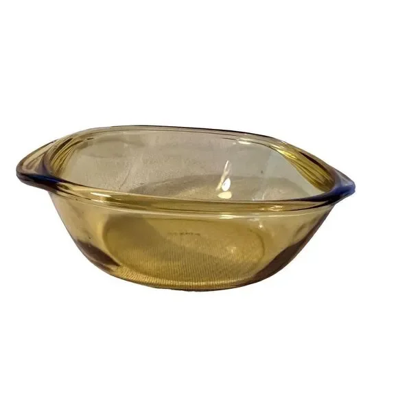 2 VTG MCM Amber Yellow Mexico Glass Casserole Dish Ovenware Baking Bowls #21 &16