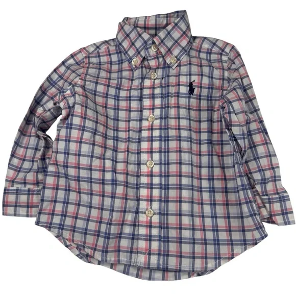 Ralph Lauren Baby Shirt Boy's Size 9M Cotton White Plaid Easter Plaid Button Up