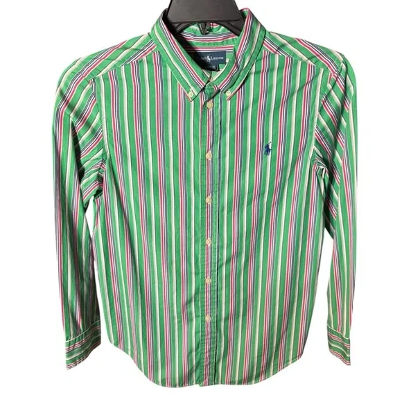 Ralph Lauren Boy’s‎ Striped Button-Up Shirt – Size 14/16 – Preppy Cotton Green