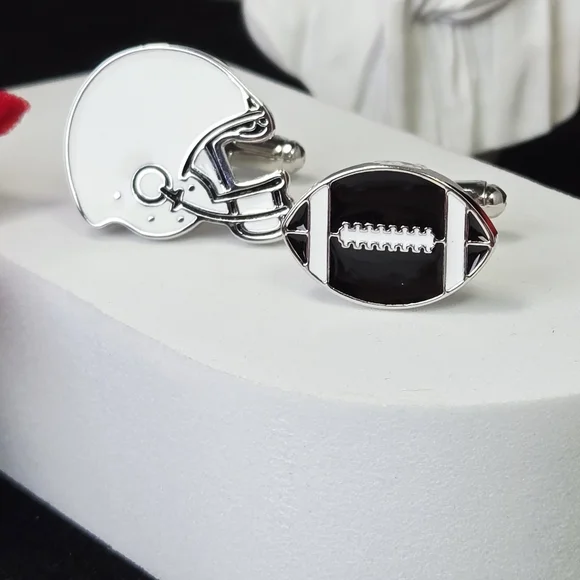 Football Helmet & Ball Cufflinks Silver Enamel NFL Inspired French Cuff Formal