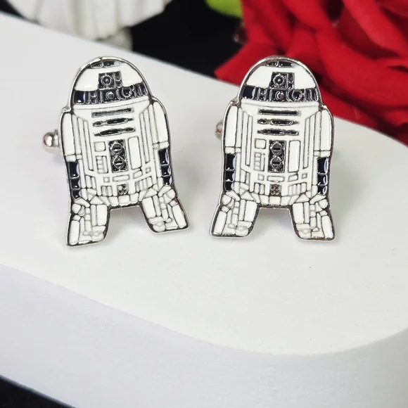 R2-D2 Robot Cufflinks White Enamel Sci-Fi Droid French Cuff Formal Star Wars Fan