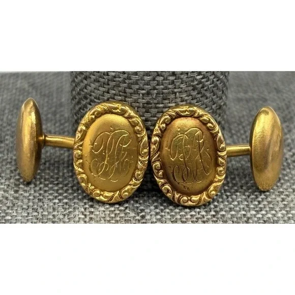 Vintage 14K Solid Yellow Gold Tone Victorian Cufflinks Ornate Etched Initials PA