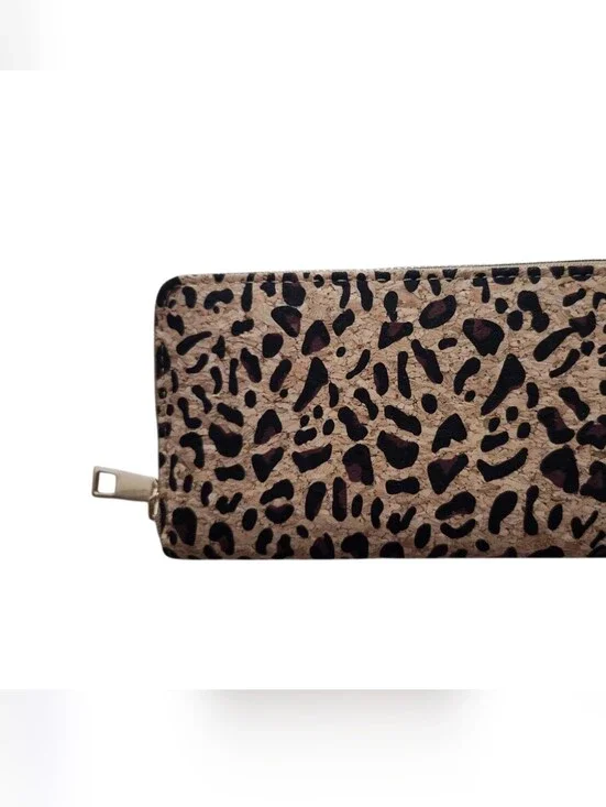 Leopard Print Zip Wallet - Cork Material Beige and Black NWOT