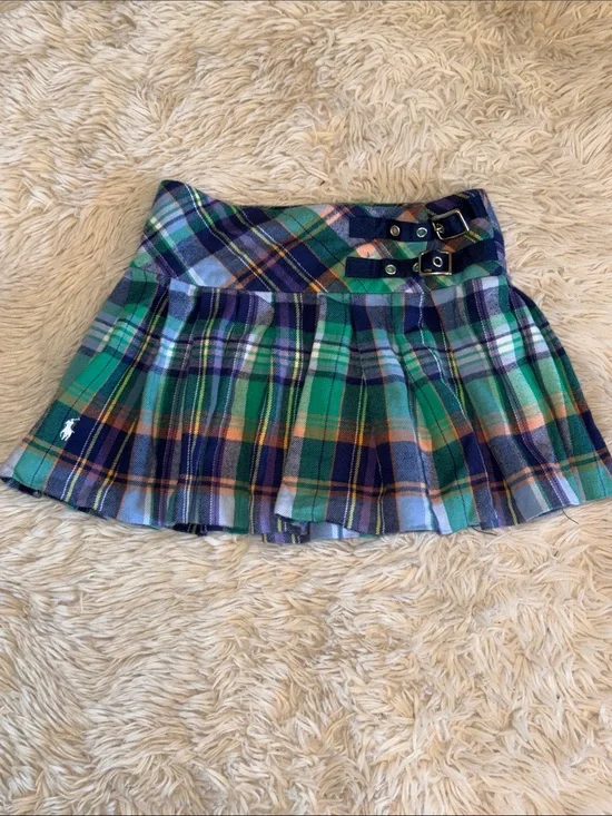 🐎 Polo Ralph Lauren Green and Navy Plaid Pleated Girls Mini Skirt/kilt size 5