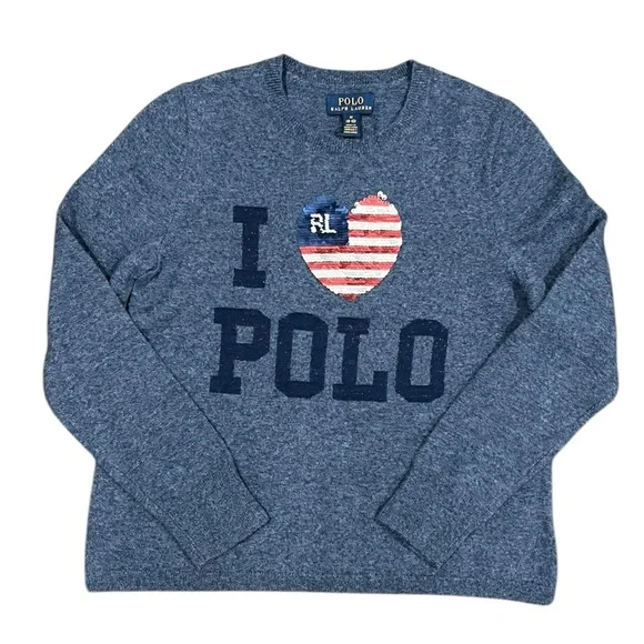 Polo Ralph Lauren Sweater Girls Blue I Heart USA flag Polo Pullover Size M 8-10