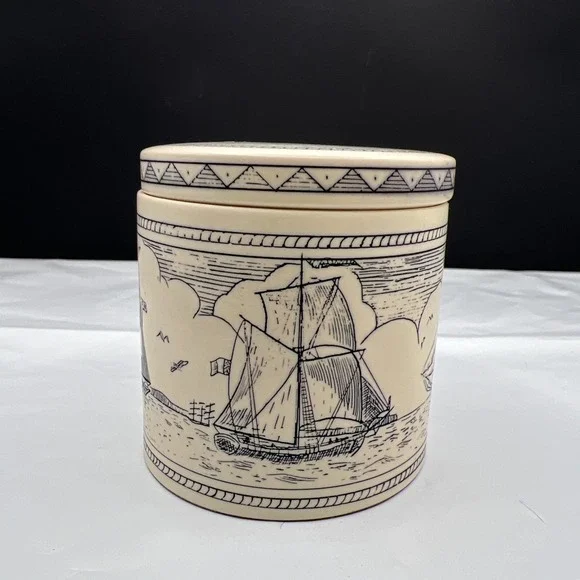Vtg Comoy's of London Round Faux Scrimshaw Trinket Box Nautical Sailing Ship Lid