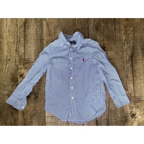 Ralph Lauren Boys Blue White Gingham Button Down Shirt Size S 8 Long Sleeve Pony