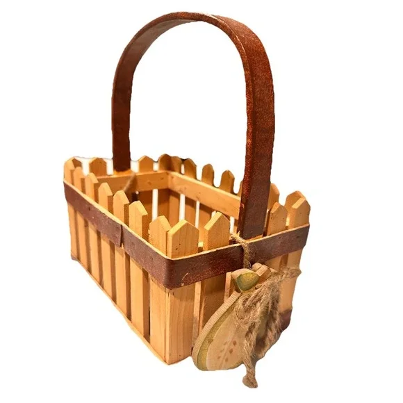 Picket Wood Fence Basket With Pears Brown‎ Handle Farm Style Country