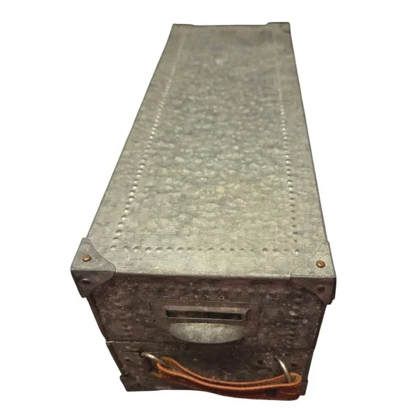 Vintage Galvanized Metal Industrial Storage Box Slanted Lid Leather Handle