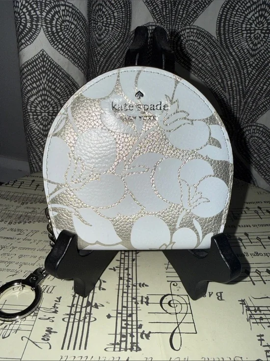 Kate Spade White & Metallic Floral Round Keychain Wallet Coin Purse