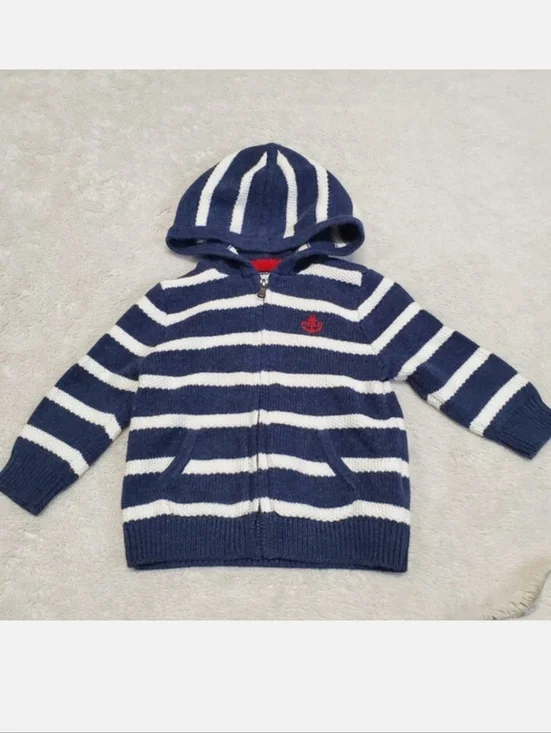Ralph Lauren Blue White Striped Knit Hooded‎ Sweater Cardigan Baby Boy 12 months