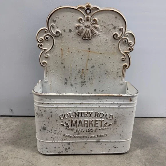 Country Road Market Farmhouse Wall Bin Distressed White Metal Mail Holder Decor