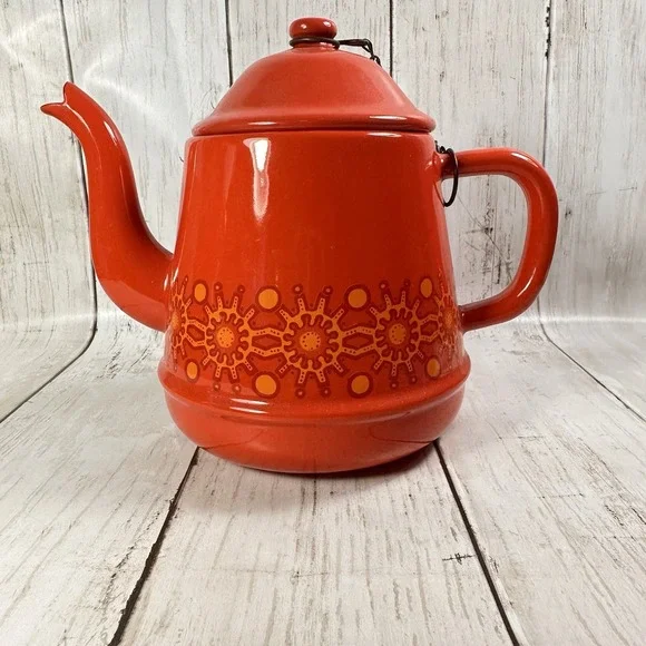 MCMRetro Sunshine Burst 1970s Orange Enamelware Coffee Pot Grandmere‎ Attributed