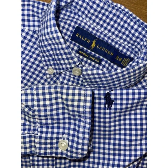 Ralph Lauren Natural Stretch Shirt Boys S/P 8 Blue Gingham‎ Check Button Down