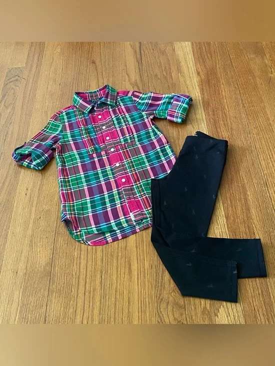 Polo Ralph Lauren Plaid Button-Down Shirt with Pony Interlock Leggings Set