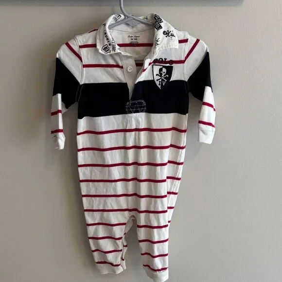 Ralph Lauren Black, White, and Red Striped one piece outfit size 9 months
