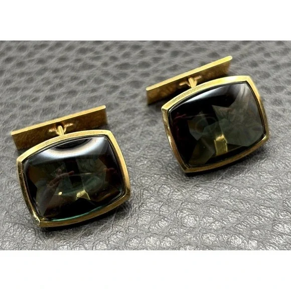 Vintage 14K Solid Gold Cufflinks Dark Green Gemstones Men's Formal Wear Luxury