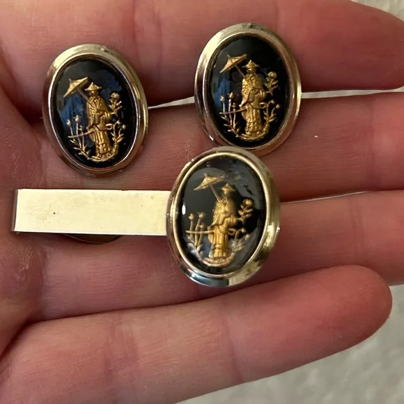 Parkway Damascene cuff links and tie clip- vintage