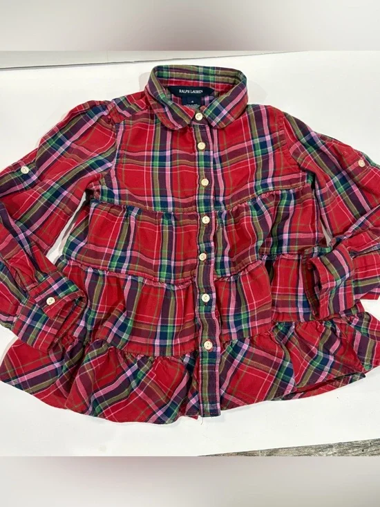 Ralph Lauren Girls 4 Christmas Plaid Peplum Shirt Dress Red Green Pink Preppy
