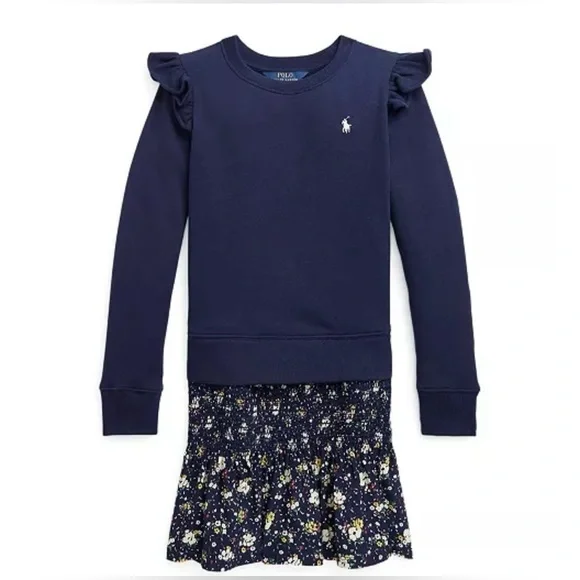 Ralph Lauren Polo 2T Onepiece Crewneck Floral Skirt Loopback Fleece Dress