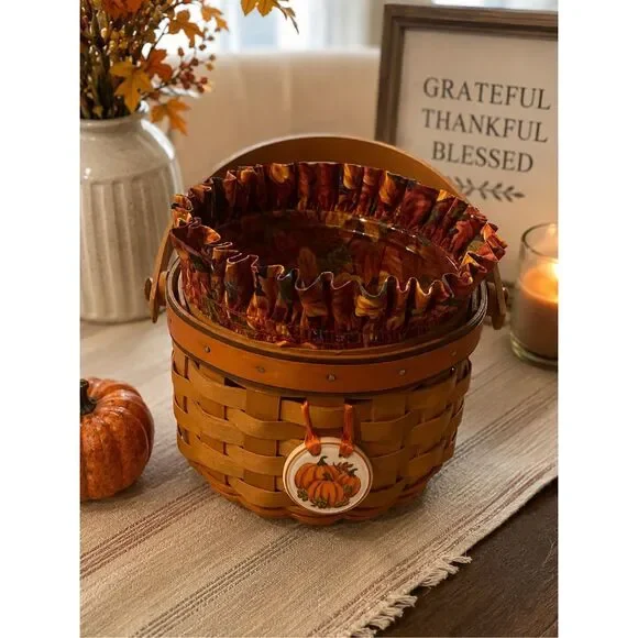 Longaberger 1997 Fall Little Pumpkin Basket, Liner, Protector, Tie-on