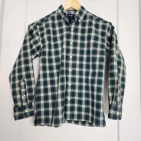 Ralph Lauren Boys S Green Plaid‎ Button Down Shirt Winter Preppy Academia