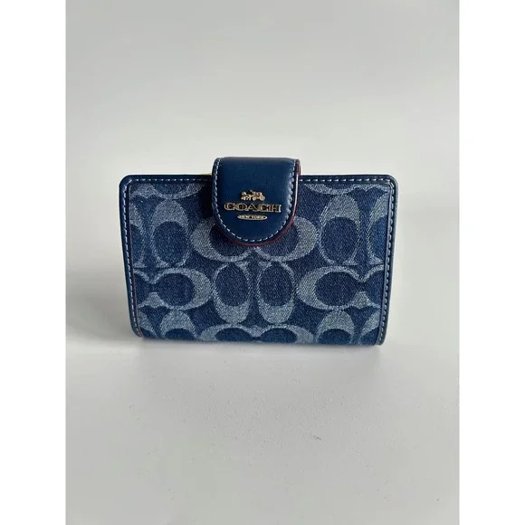Coach Medium Corner Zip Wallet Navy Blue Signature Chambray Leather Excellent