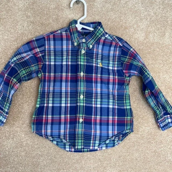 RALPH LAUREN Button Down Shirt Boys 24M Blue Plaid Long Sleeve Pony Logo‎ Preppy